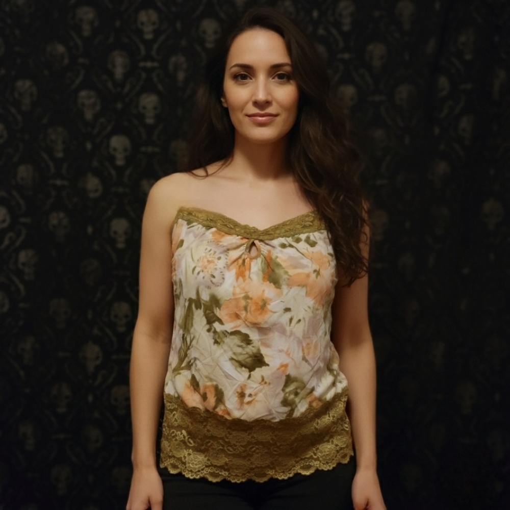 Vtg Y2K Vanity olive grn floral lace strapless keyhole crinkle tube top 1X NWOT - Picture 3 of 16
